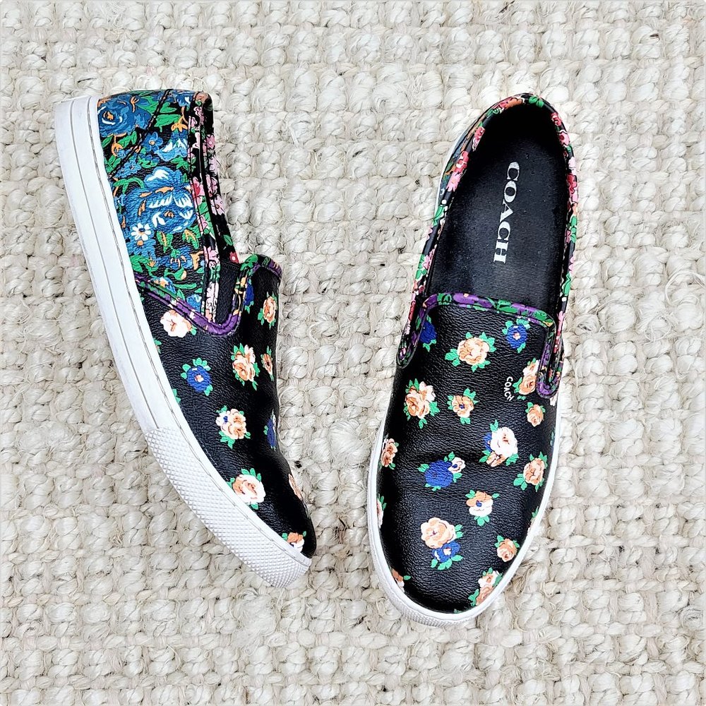 Coach Parkside Loafers 8.5M Black Floral Leather Slip On Skater Shoe Almond Toe